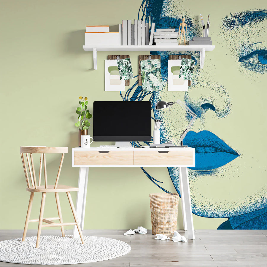 Stippled Portrait Mural Wallpaper — Blue Pop Art Graphic Design Mural Wallpaper
