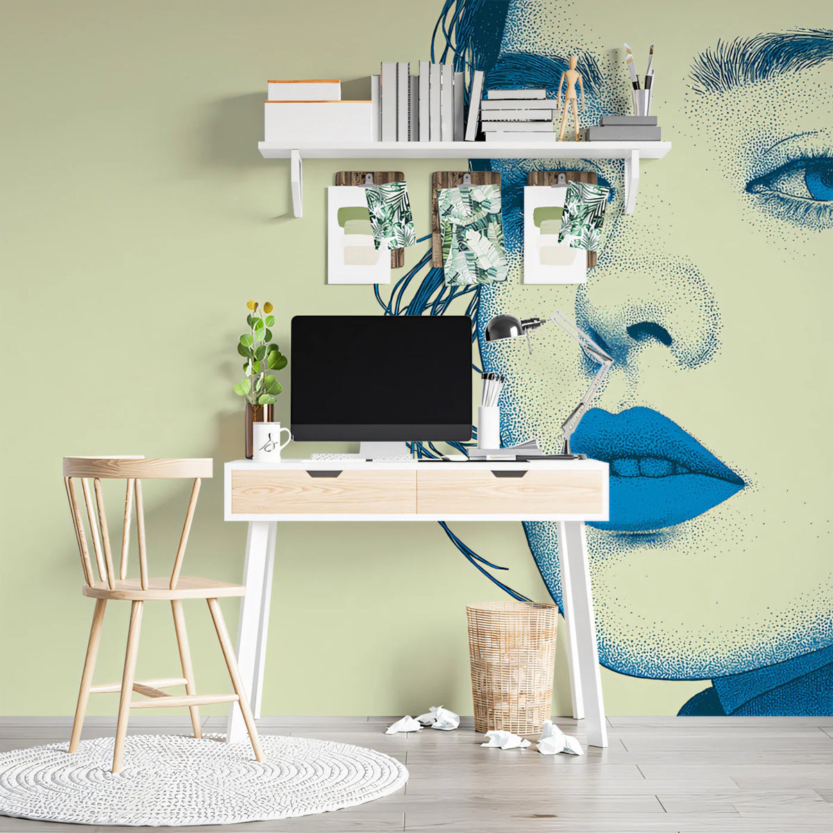 Stippled Portrait Mural Wallpaper — Blue Pop Art Graphic Design Mural Wallpaper - pure wallpaper artwork
