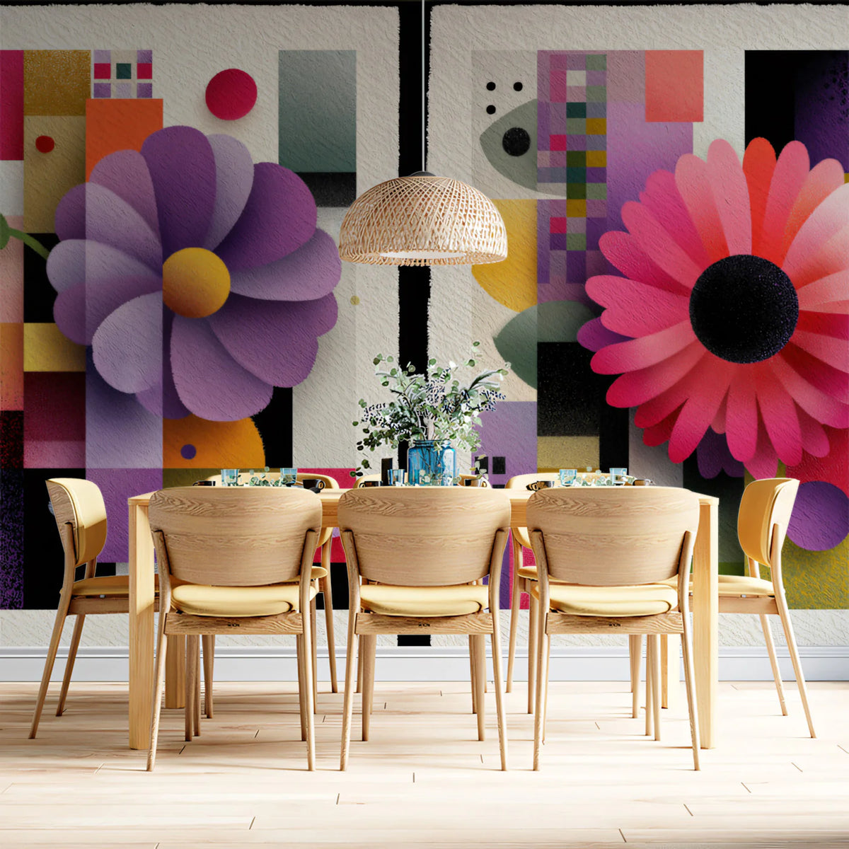 Abstract Floral Geometric Mural Wallpaper — Paper-Cut Style Art Mural Wallpaper - pure wallpaper artwork