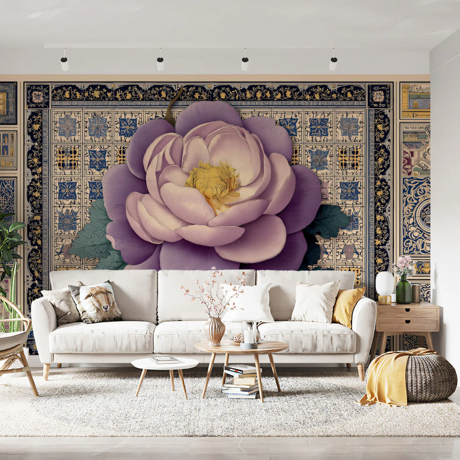 Ornate Peony & Tile Mural Wallpaper — Artistic Floral Motif Mural Wallpaper