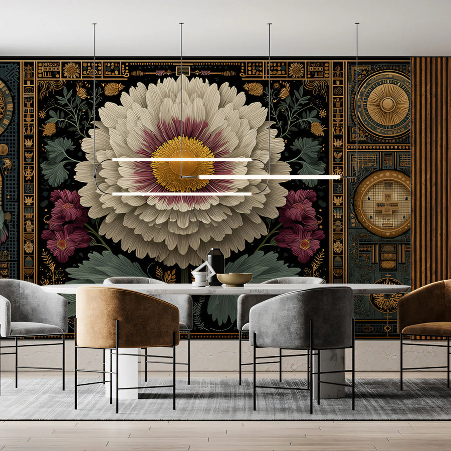 Celestial Peony Mechanical Mural Wallpaper — Ornate Gold and Black Mural Wallpaper