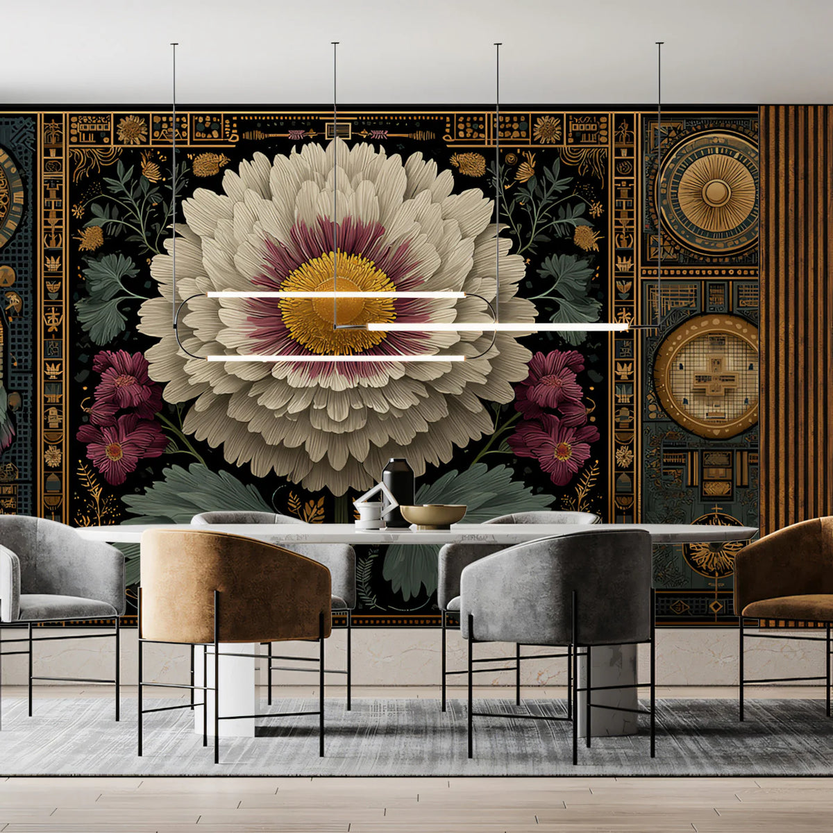 Celestial Peony Mechanical Mural Wallpaper — Ornate Gold and Black Mural Wallpaper - pure wallpaper artwork