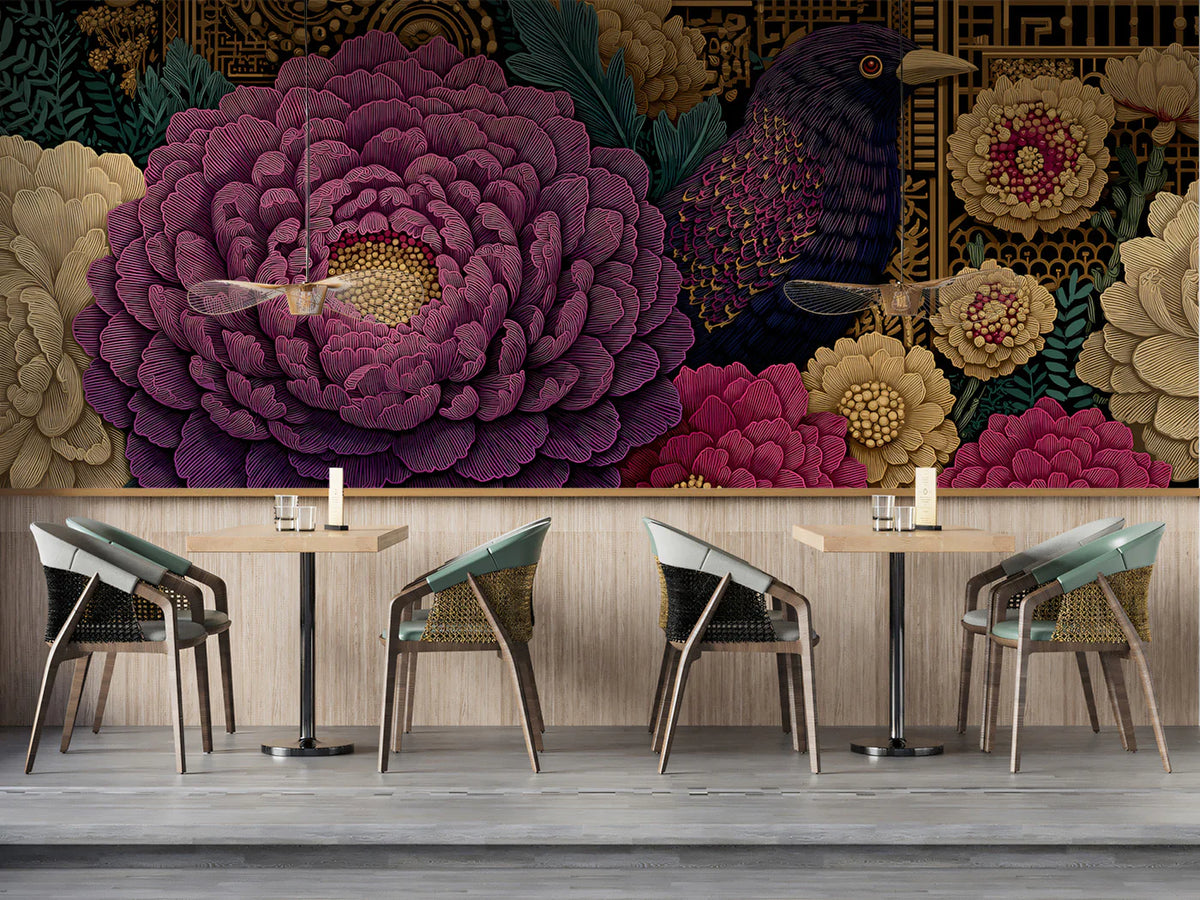 Gothic Peony & Bird Mural Wallpaper — Dark Academia Floral Pattern Mural Wallpaper - pure wallpaper artwork