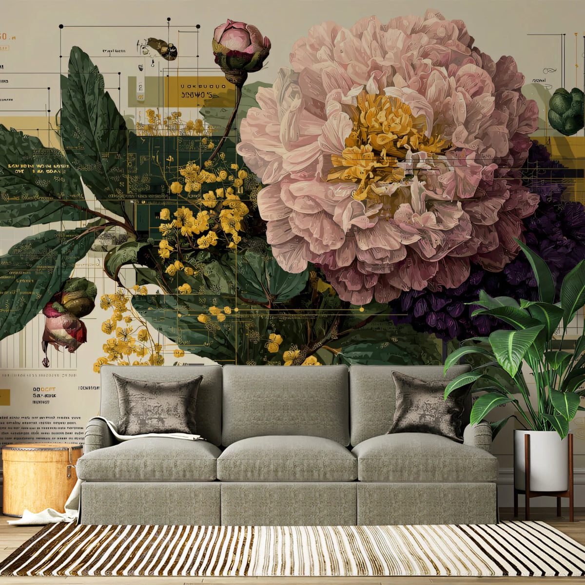 Peony Botanical Schematic Mural Wallpaper — Vintage Blueprint Art Mural Wallpaper - pure wallpaper artwork