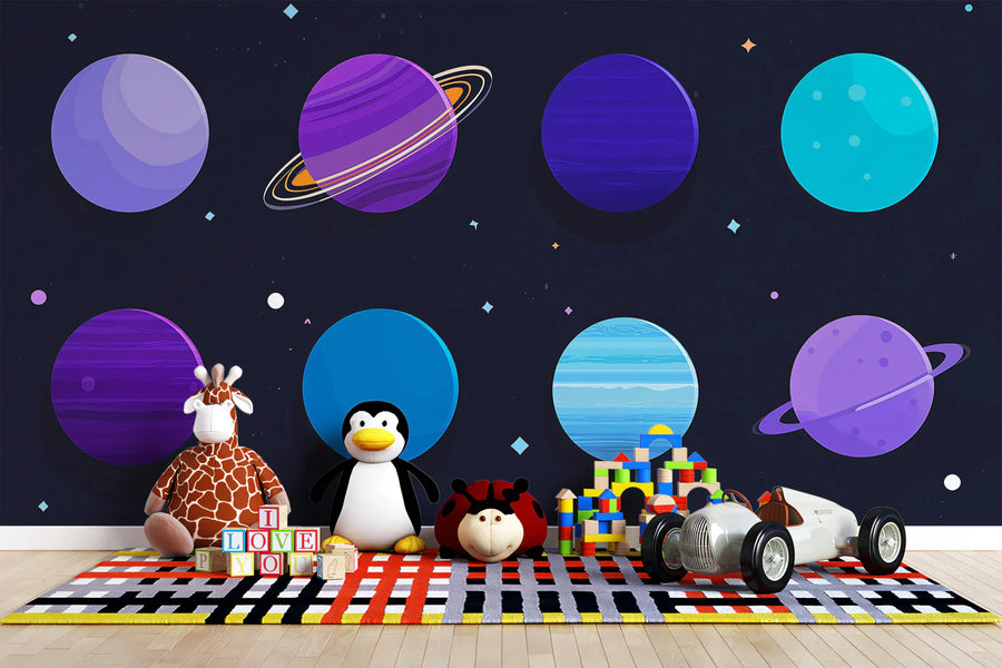 Cosmic Solar System Mural Wallpaper — Playful Planet Illustration Mural Wallpaper