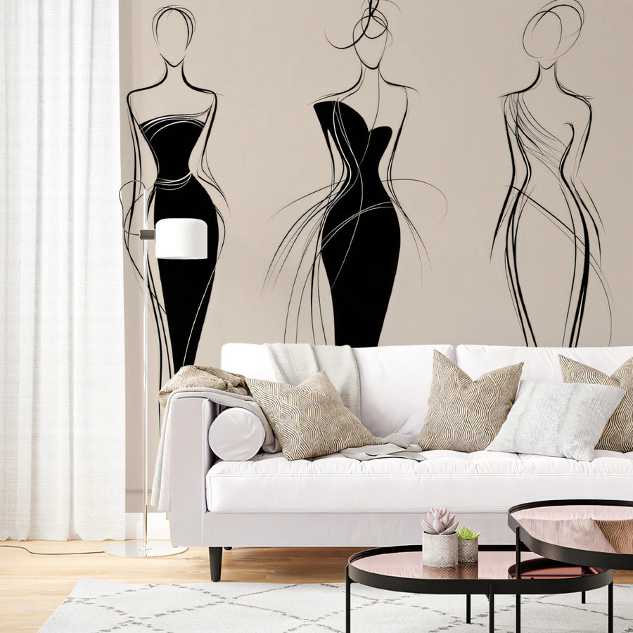 Haute Couture Sketch Mural Wallpaper — Minimalist Fashion Line Art Mural Wallpaper