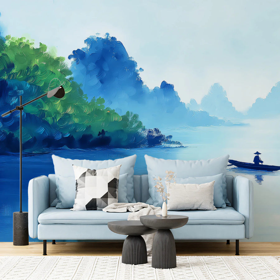 Lone Boat Lake Mural Wallpaper — Impressionist Oil Painting Style Mural Wallpaper