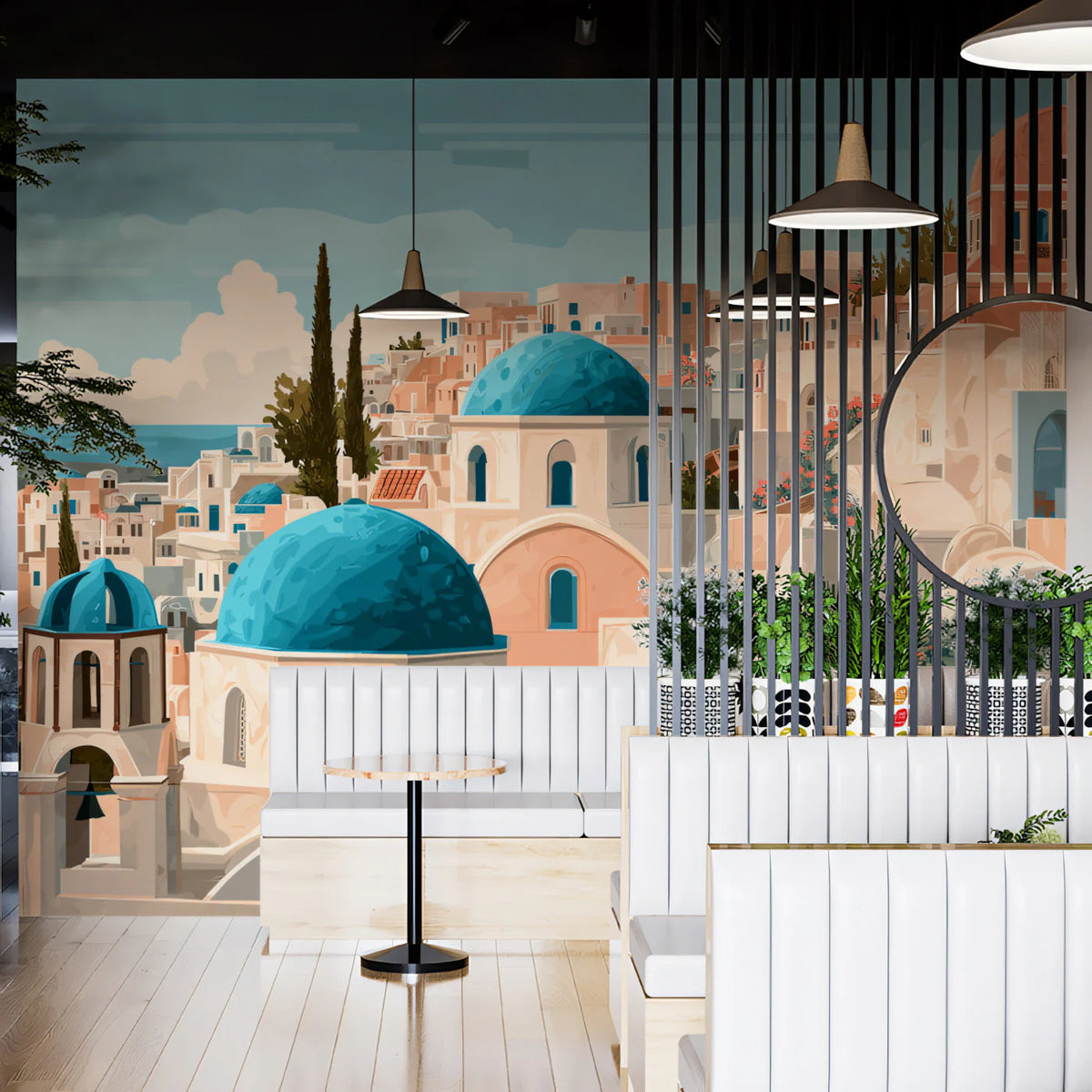 Santorini Coastal Village Mural Wallpaper — Mediterranean Summer Mural Wallpaper - pure wallpaper artwork