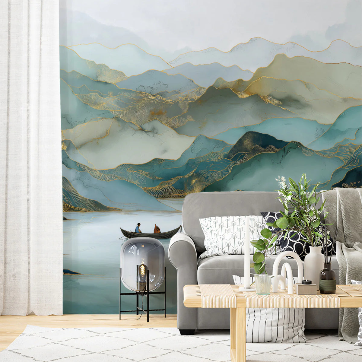 Teal Ink Wash Mountain Mural Wallpaper — Ethereal Landscape Mural Wallpaper - pure wallpaper artwork