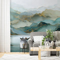 Teal Ink Wash Mountain Mural Wallpaper — Ethereal Landscape Mural Wallpaper - pure wallpaper artwork