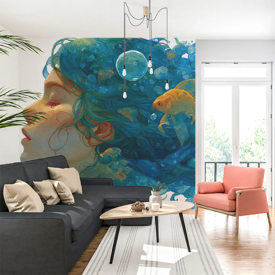 Submerged Dreamer with Goldfish Mural Wallpaper — Artistic Surrealism Mural Wallpaper