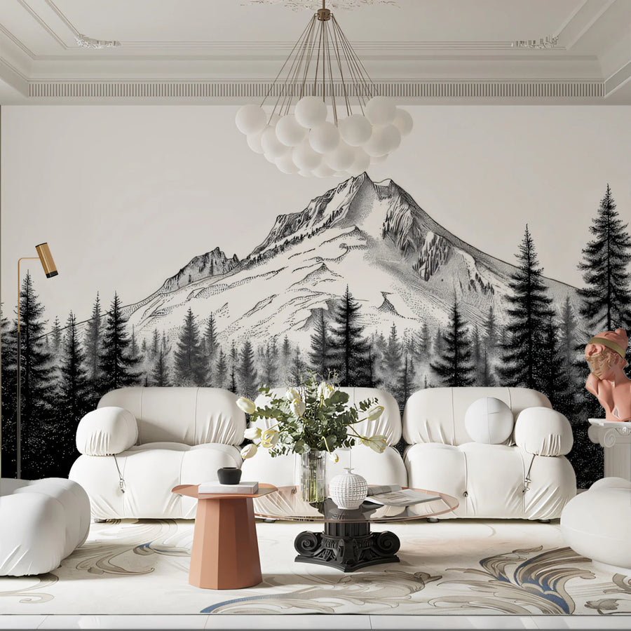 Stippled Alpine Peak Mural Wallpaper — Hand-Drawn Mountain Landscape Mural Wallpaper