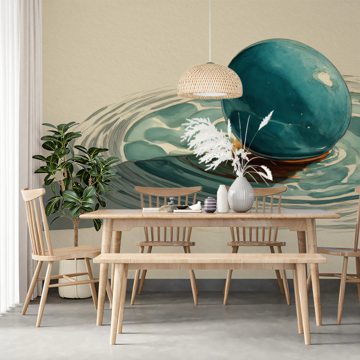 Minimalist Teal Orb Mural Wallpaper — Abstract Still Life Design Mural Wallpaper - pure wallpaper artwork