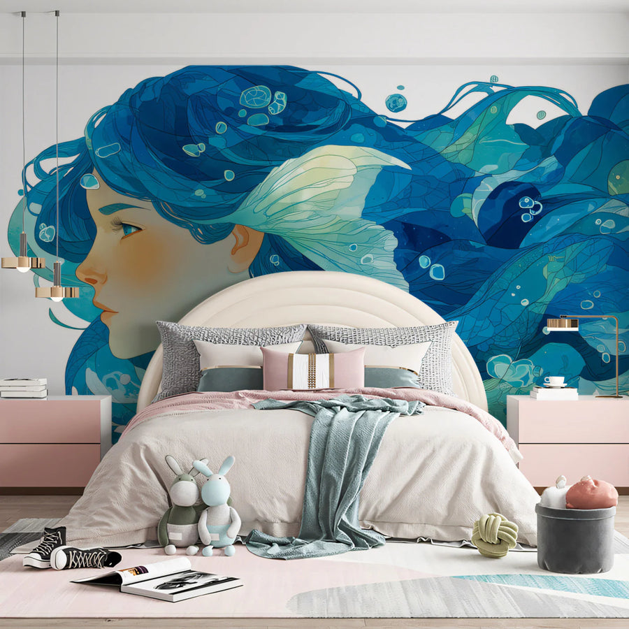 Ocean Wave Portrait Mural Wallpaper — Fluid Feminine Art Mural Wallpaper