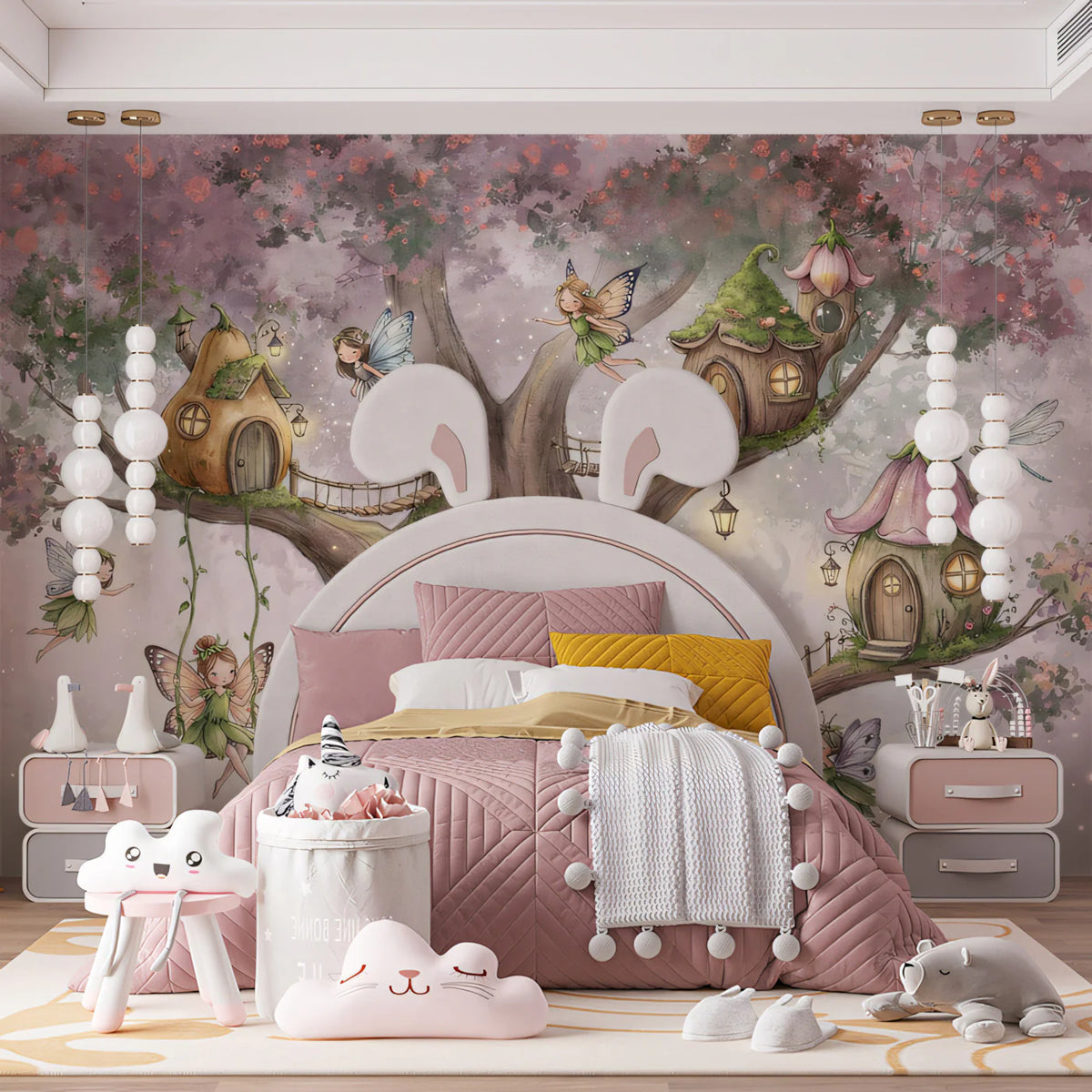 Fairy Tree House Mural Wallpaper — Whimsical Watercolor Illustration Mural Wallpaper - pure wallpaper artwork