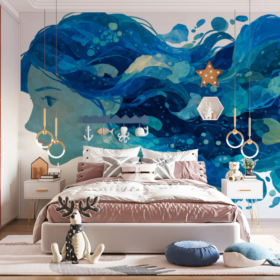 Water Goddess and Goldfish Mural Wallpaper — Fluid Blue Illustration Mural Wallpaper