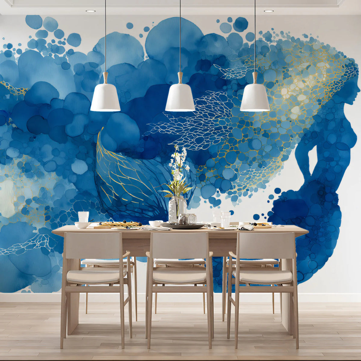 Watercolor Mermaid Silhouette Mural Wallpaper with Gold Accents Mural Wallpaper - pure wallpaper artwork