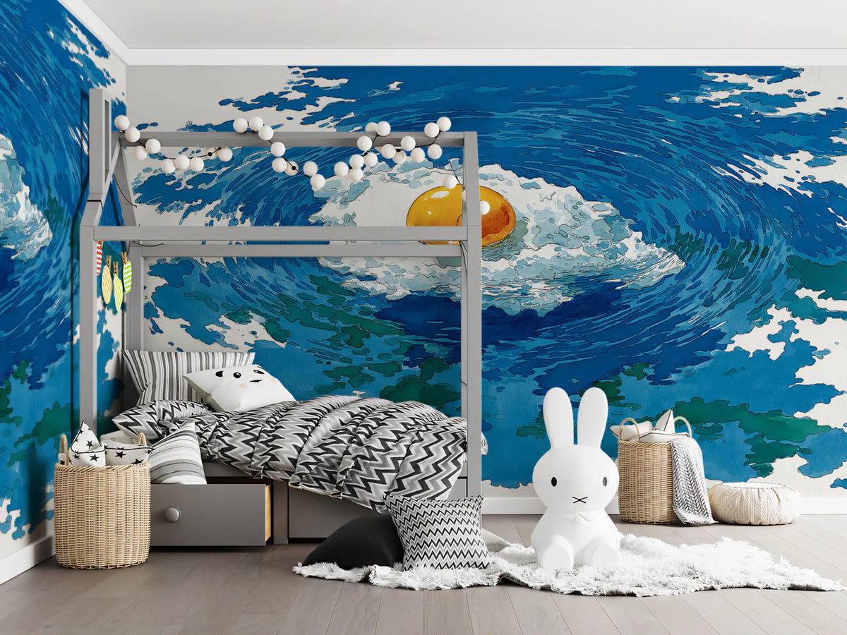 Fried Egg Water Splash Mural Wallpaper —Quirky Pop Art Design Mural Wallpaper - pure wallpaper artwork
