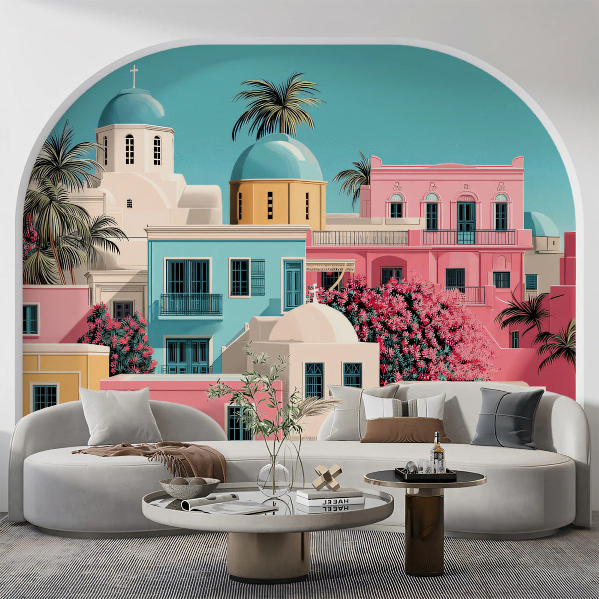 Mediterranean Coastal Village Mural Wallpaper — Pastel Pink Architecture Mural Wallpaper - pure wallpaper artwork