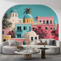Mediterranean Coastal Village Mural Wallpaper — Pastel Pink Architecture Mural Wallpaper - pure wallpaper artwork