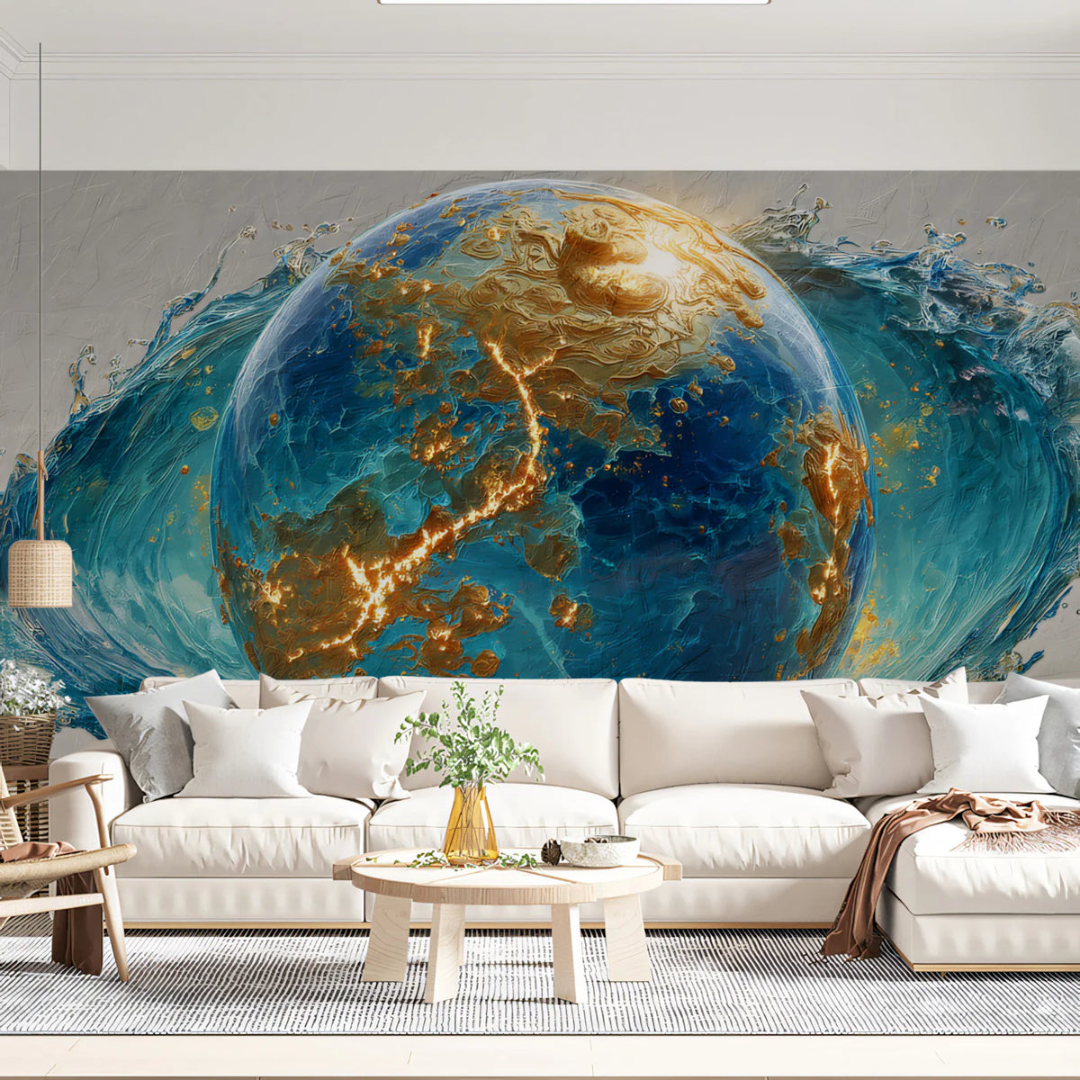 Celestial Earth Orb Mural Wallpaper — Aquatic Gold Fluid Art Mural Wallpaper - pure wallpaper artwork