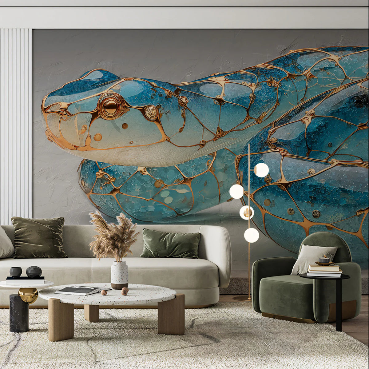 Glass Blue Snake Mural Wallpaper with Gilded Lattice Design Mural Wallpaper - pure wallpaper artwork