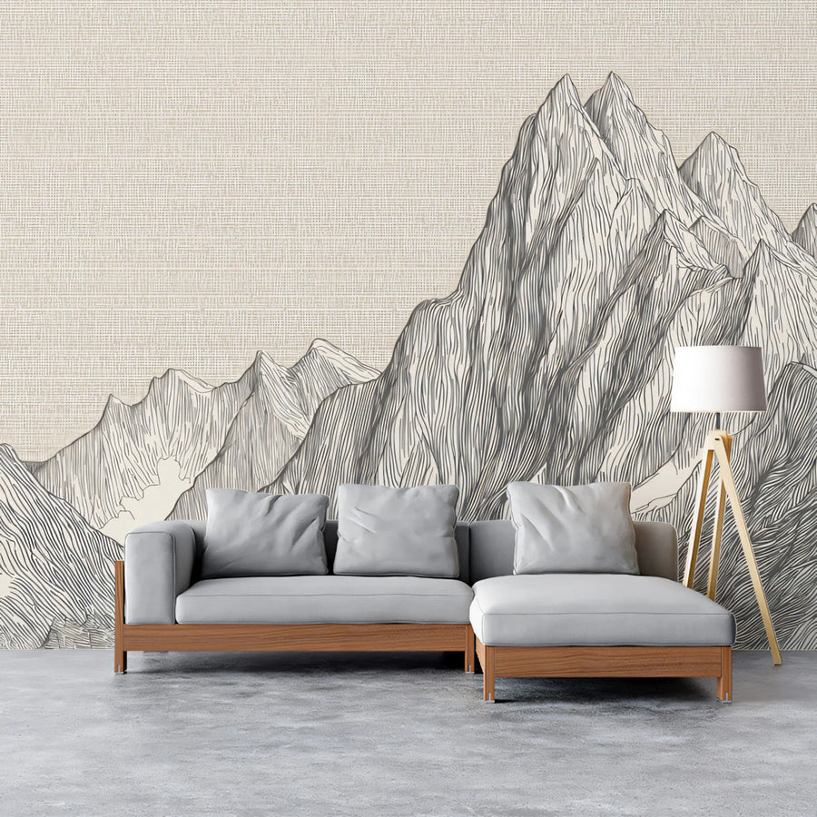 Mountain Peak Line Art Mural Wallpaper — Minimalist Linen Texture Mural Wallpaper