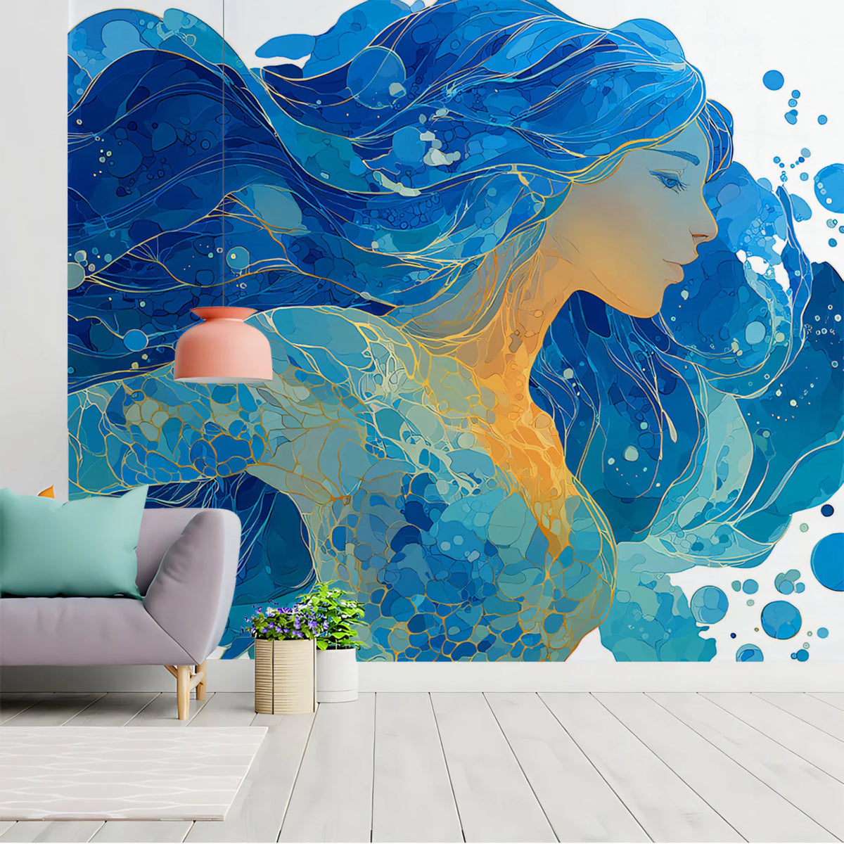 Ocean Spirit Wave Mural Wallpaper — Intricate Blue and Gold Design Mural Wallpaper - pure wallpaper artwork