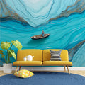 Turquoise Fluid Ink Mural Wallpaper with Gold Veined Detail Mural Wallpaper - pure wallpaper artwork