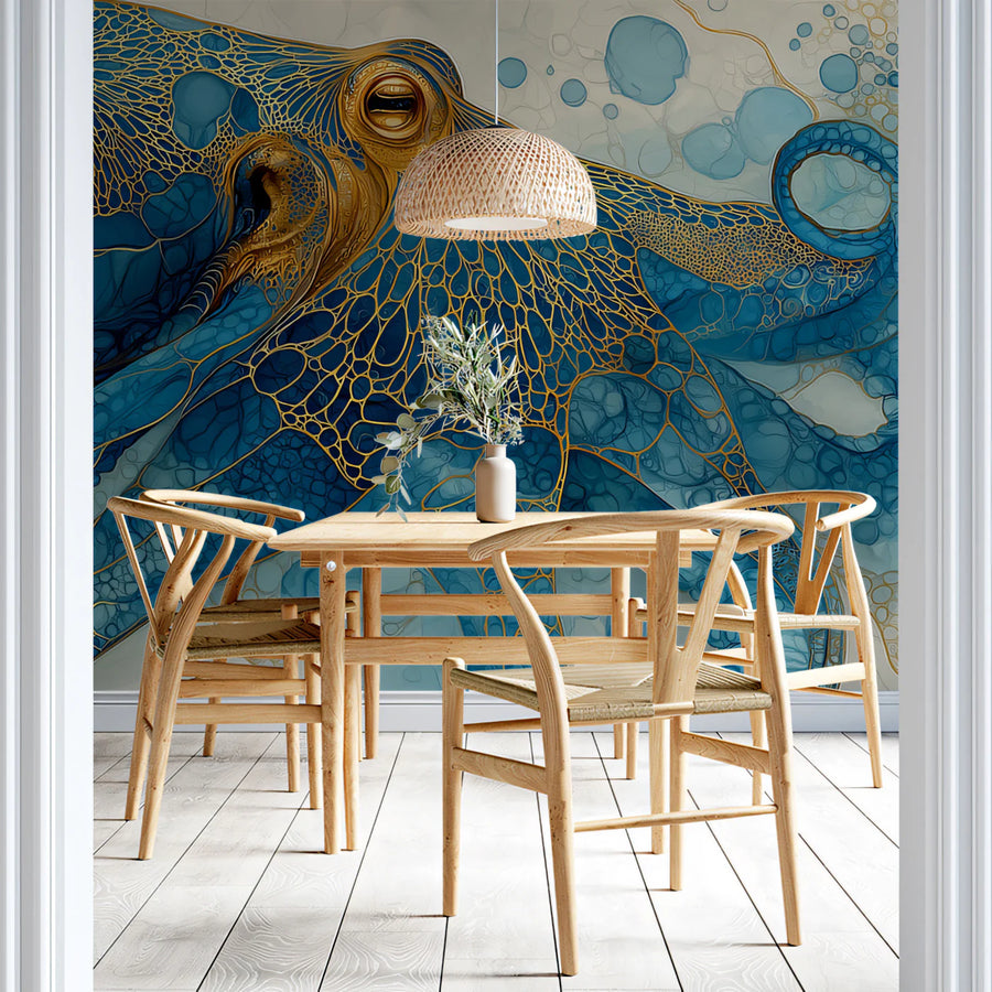 Gilded Marine Octopus Mural Wallpaper — Luxurious Aquatic Art Mural Wallpaper