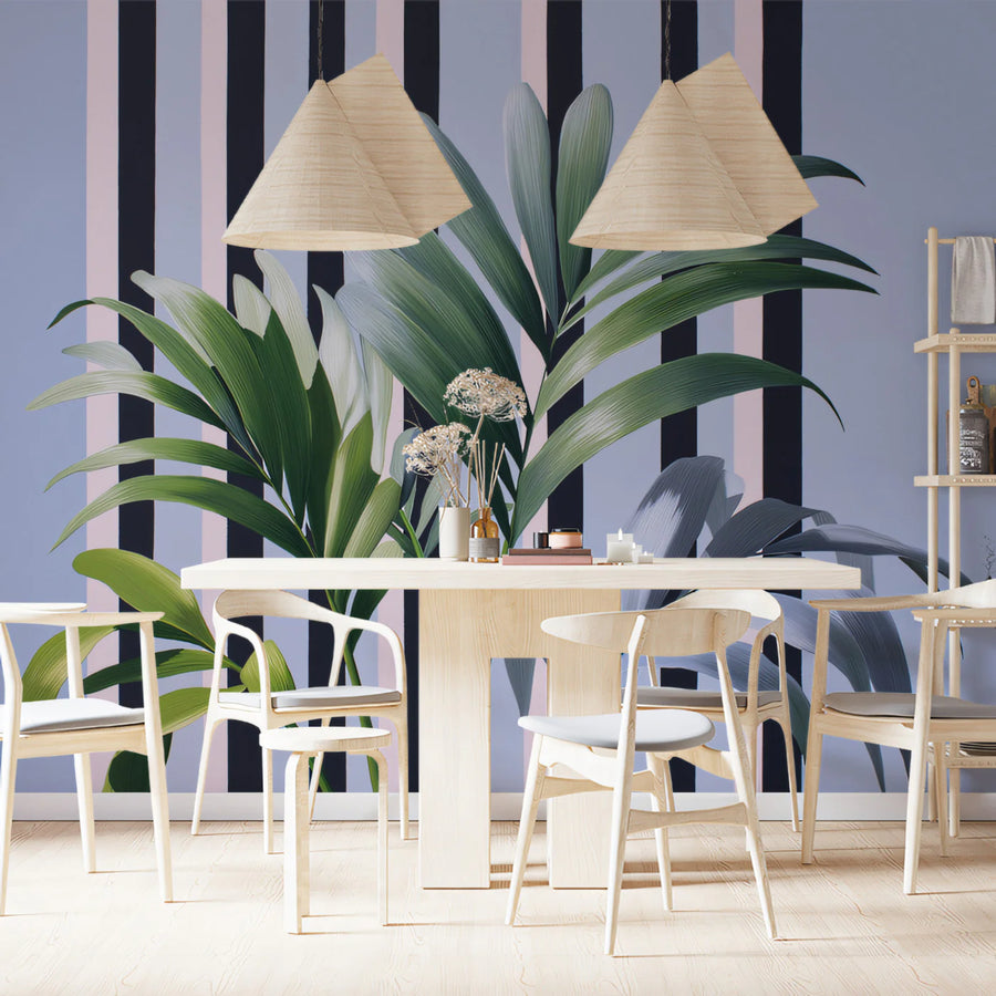 Palm Frond Mural Wallpaper — Modern Tropical Striped Design Mural Wallpaper