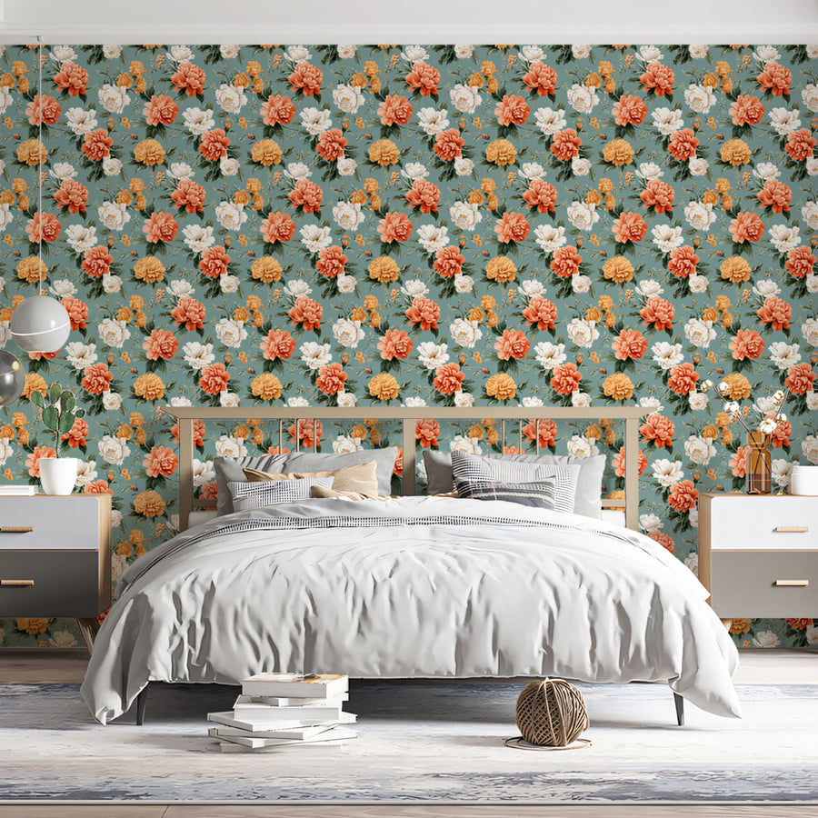Vintage Peony Floral Mural Wallpaper — Soft Sage and Amber Botanical Mural Wallpaper