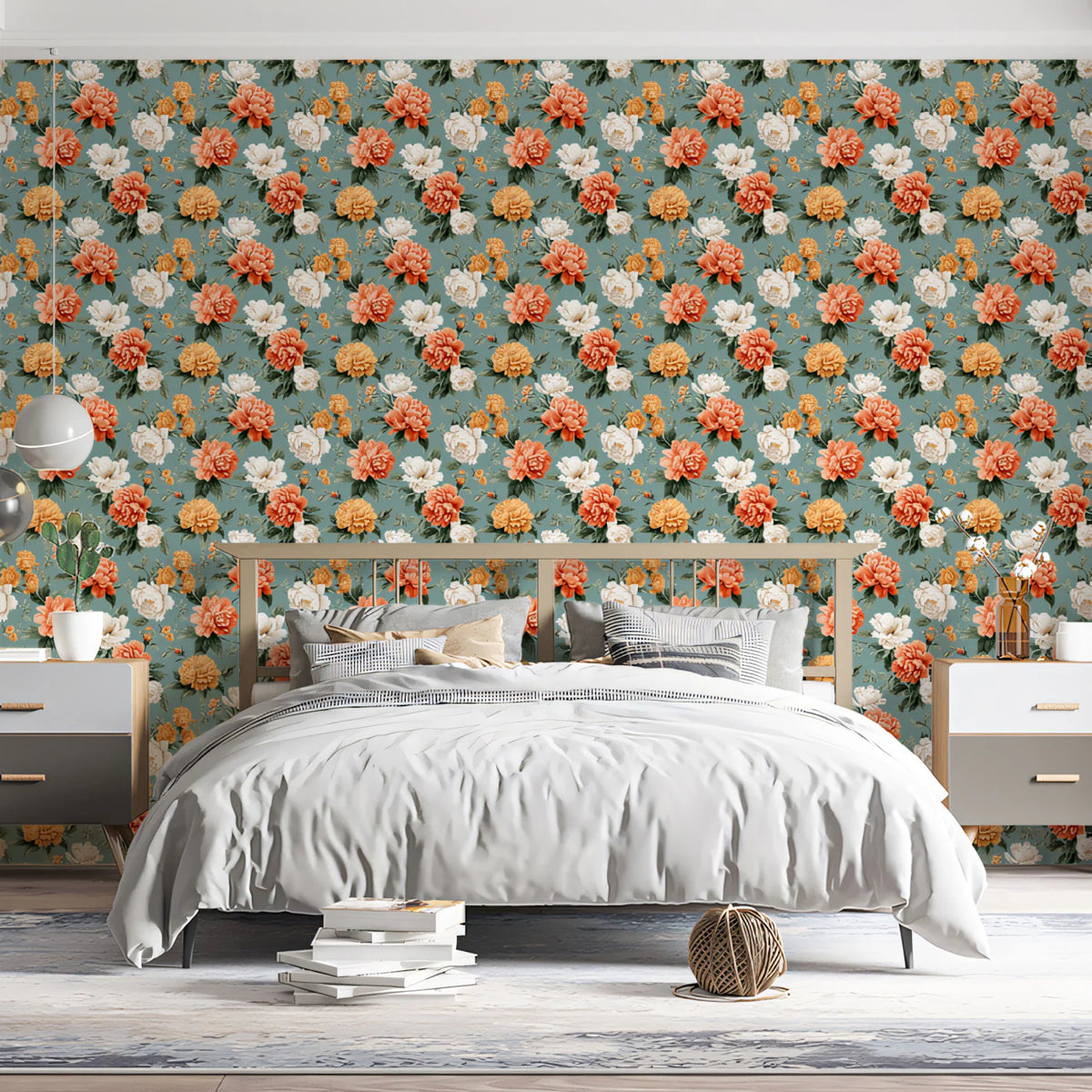 Vintage Peony Floral Mural Wallpaper — Soft Sage and Amber Botanical Mural Wallpaper - pure wallpaper artwork