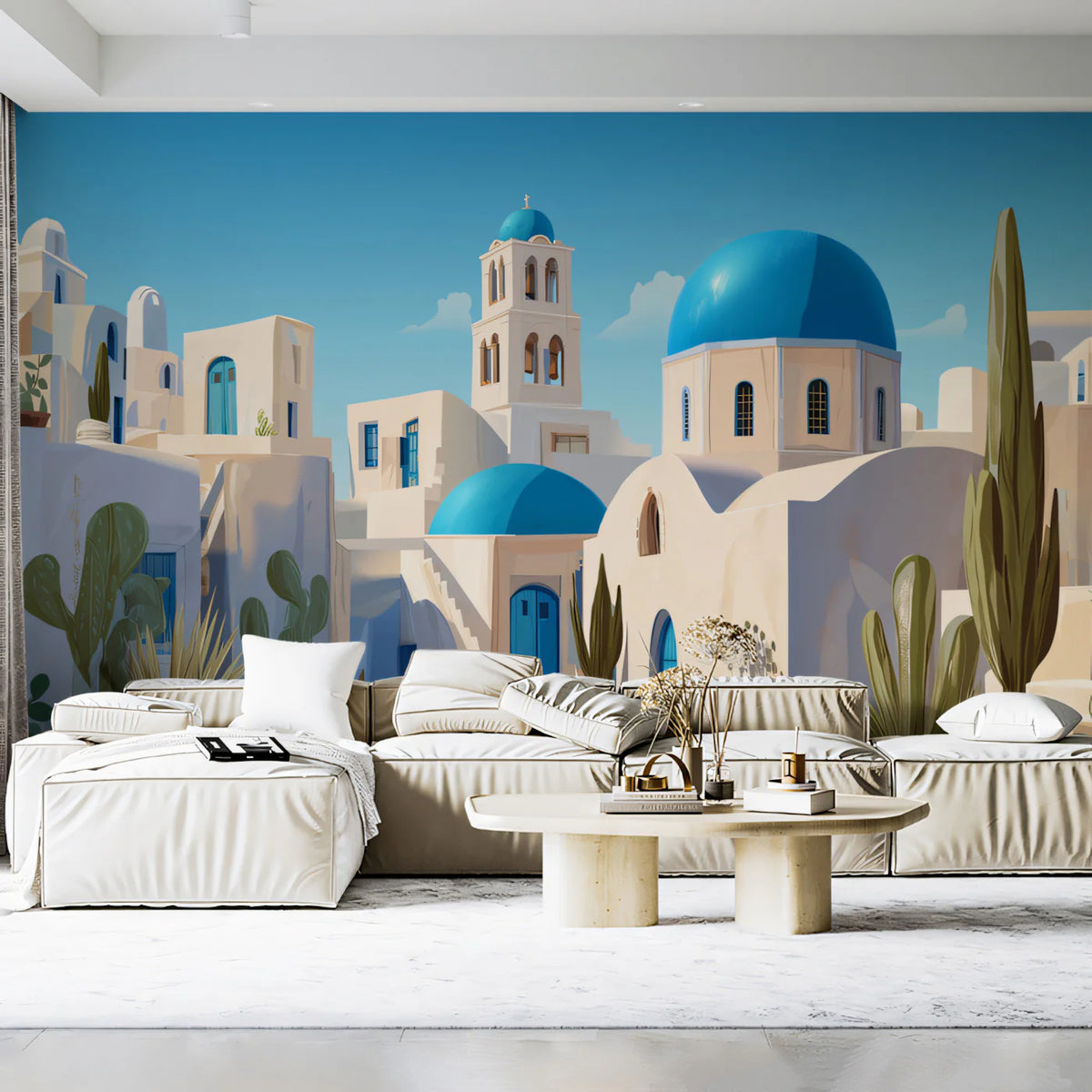 Santorini Street Scene Mural Wallpaper — Mediterranean Architectural Mural Wallpaper - pure wallpaper artwork