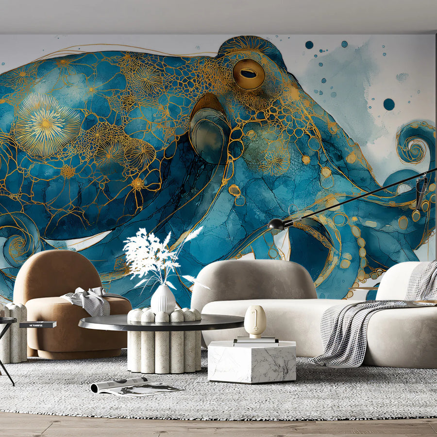 Gilded Marine Octopus Mural Wallpaper — Ornate Coastal Art Mural Wallpaper