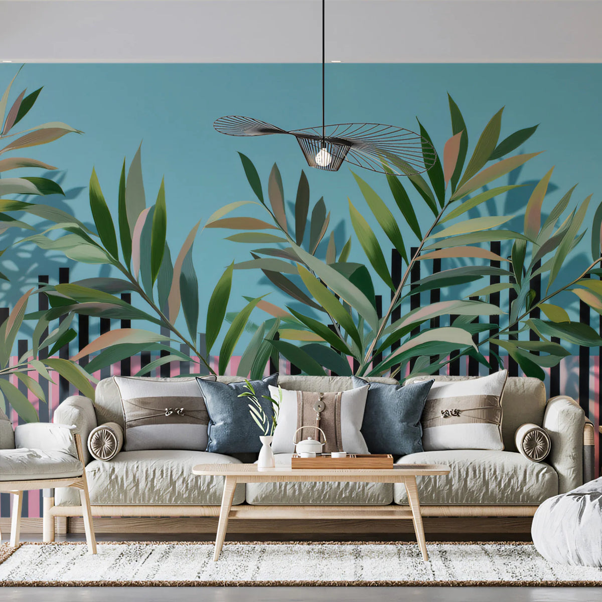 Modern Tropical Stripe Mural Wallpaper —Eclectic Botanical Art Mural Wallpaper - pure wallpaper artwork