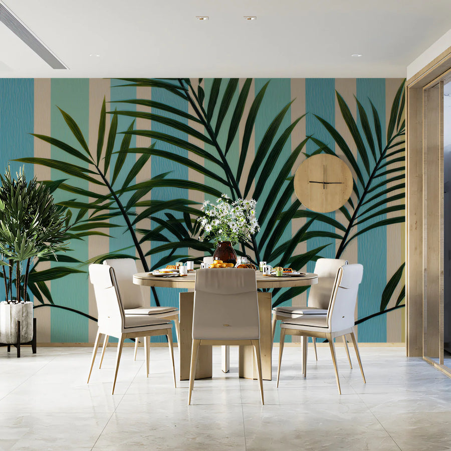 Striped Palm Leaf Mural Wallpaper — Botanical Retro Decor Mural Wallpaper