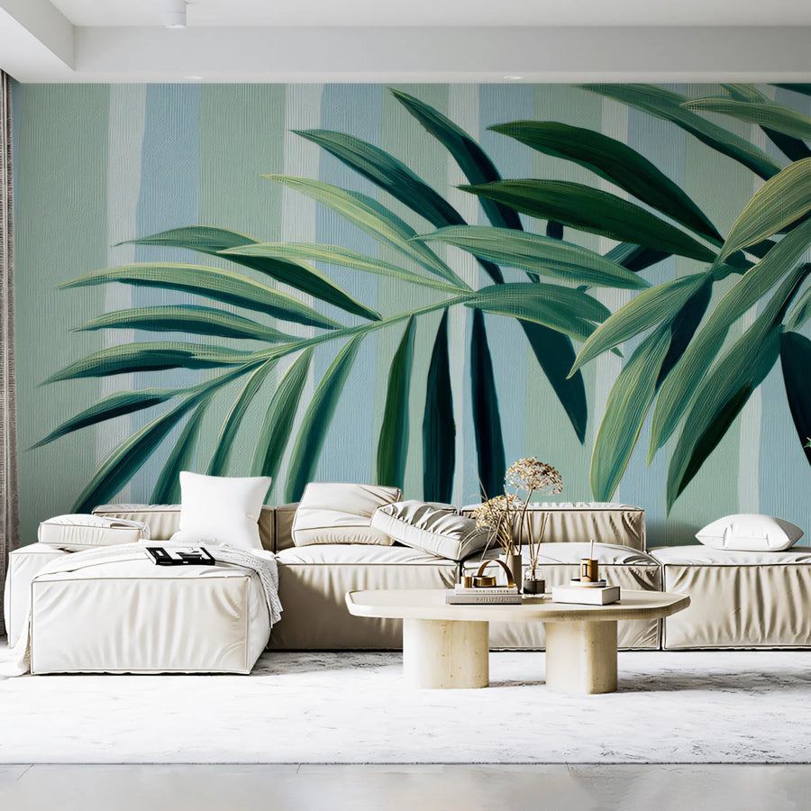 Palm Frond Striped Mural Wallpaper — Botanical Art Mural Wallpaper