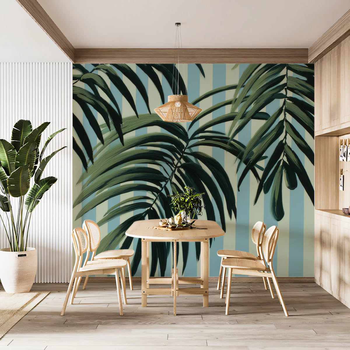 Palm Foliage Mural Wallpaper —Painted Botanical Stripes Mural Wallpaper - pure wallpaper artwork