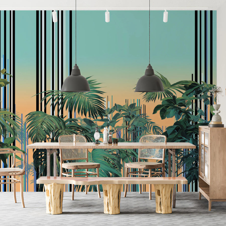 Sunset Tropics Mural Wallpaper — Modern Linear Botanical Art Mural Wallpaper
