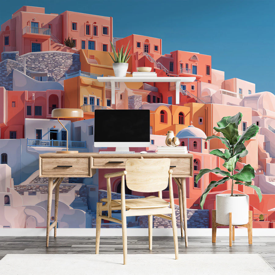 Mediterranean Hillside Village Mural Wallpaper — Warm Coastal Scene Mural Wallpaper