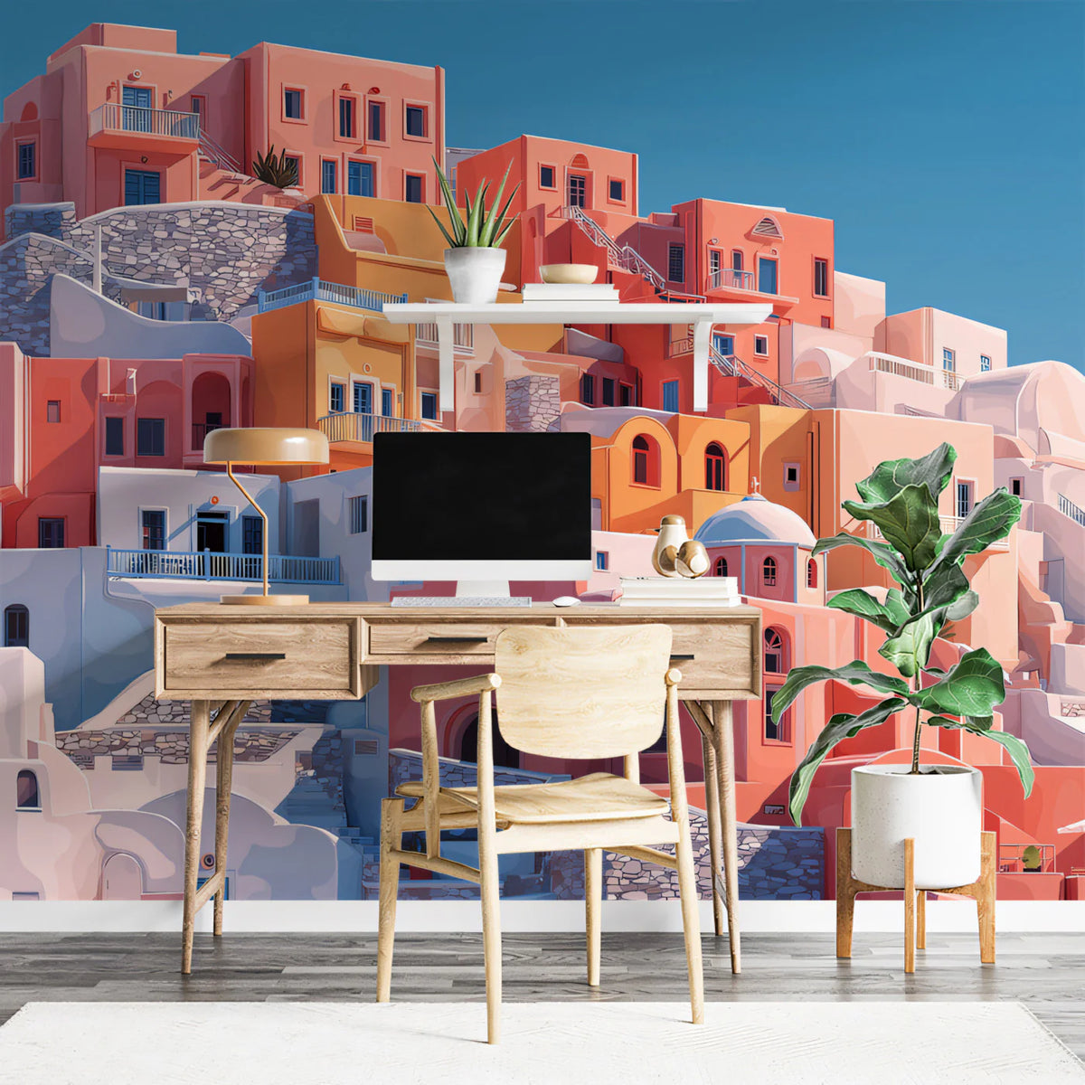 Mediterranean Hillside Village Mural Wallpaper — Warm Coastal Scene Mural Wallpaper - pure wallpaper artwork