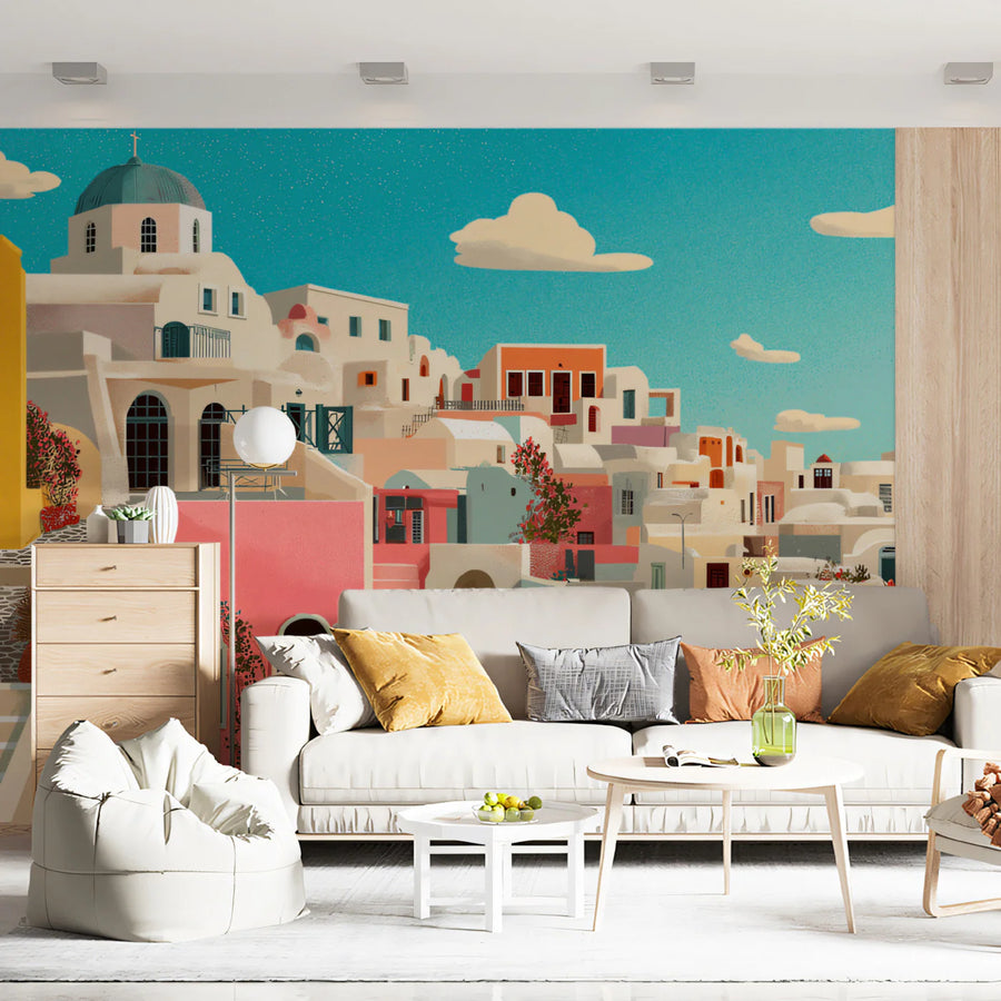 Mediterranean Hillside Mural Wallpaper — Coastal Village Scene Mural Wallpaper