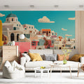 Mediterranean Hillside Mural Wallpaper — Coastal Village Scene Mural Wallpaper - pure wallpaper artwork