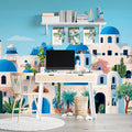 Santorini Coastal Village Mural Wallpaper — Mediterranean Charm Mural Wallpaper - pure wallpaper artwork