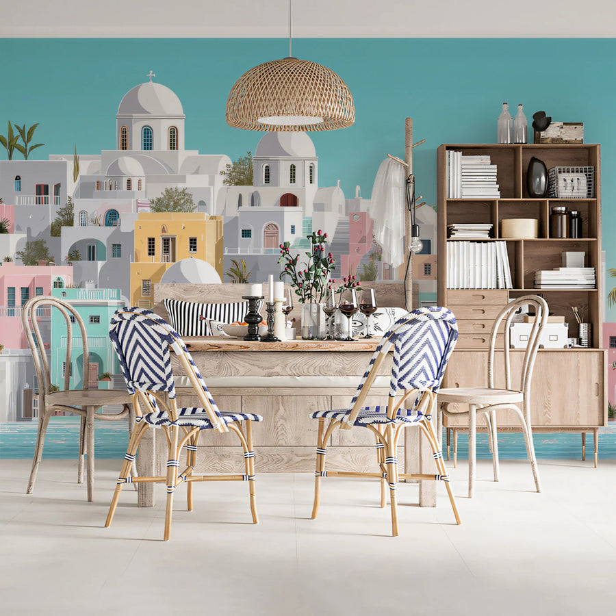 Mediterranean Village Mural Wallpaper — Coastal Pastel Scenery Mural Wallpaper