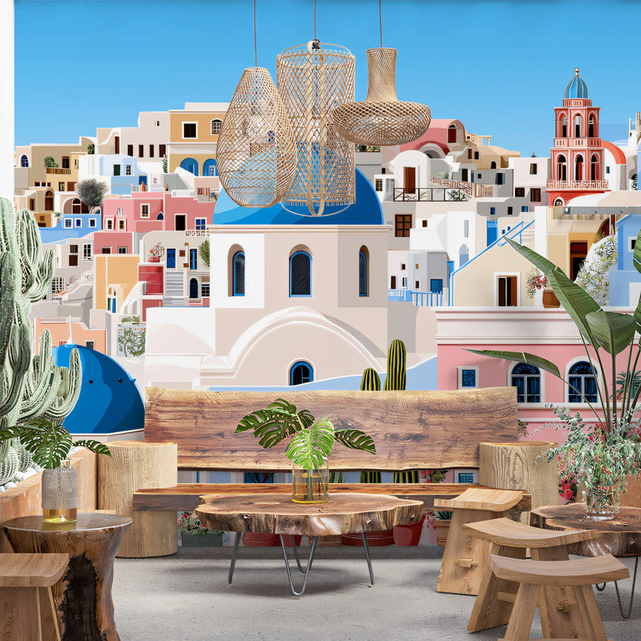 Mediterranean Hillside Village Mural Wallpaper — Vibrant Scenic Mural Wallpaper