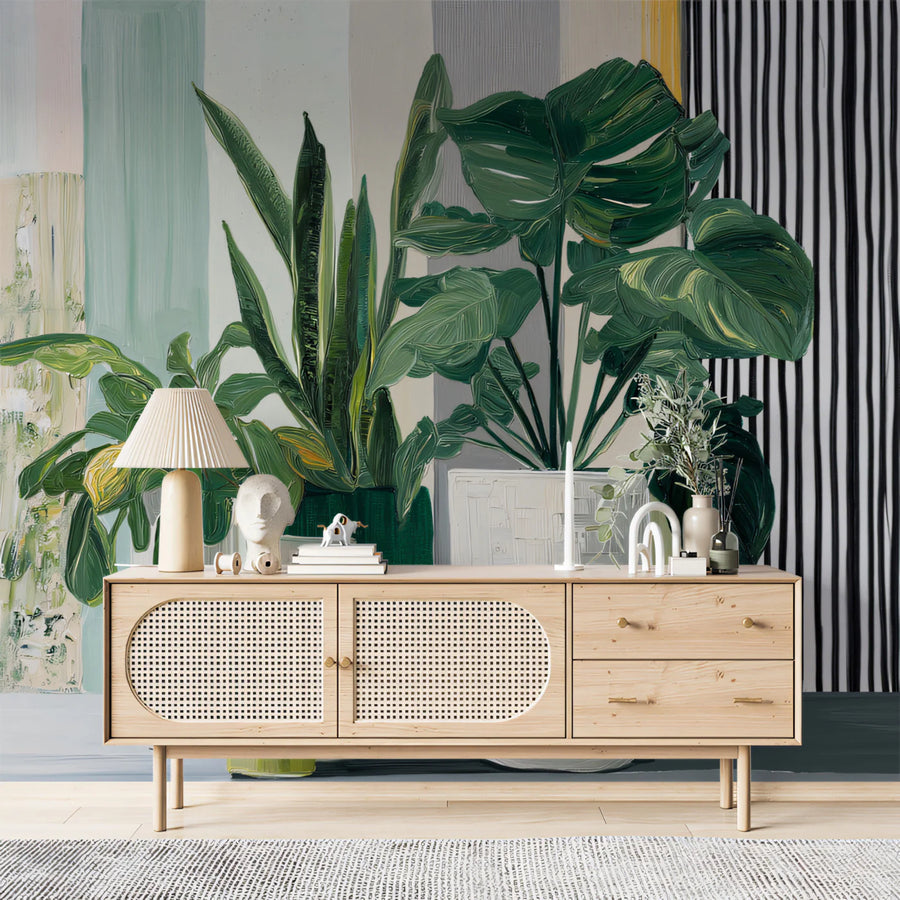Modern Botanical Potted Plant Mural Wallpaper — Artistic Striped Mural Wallpaper