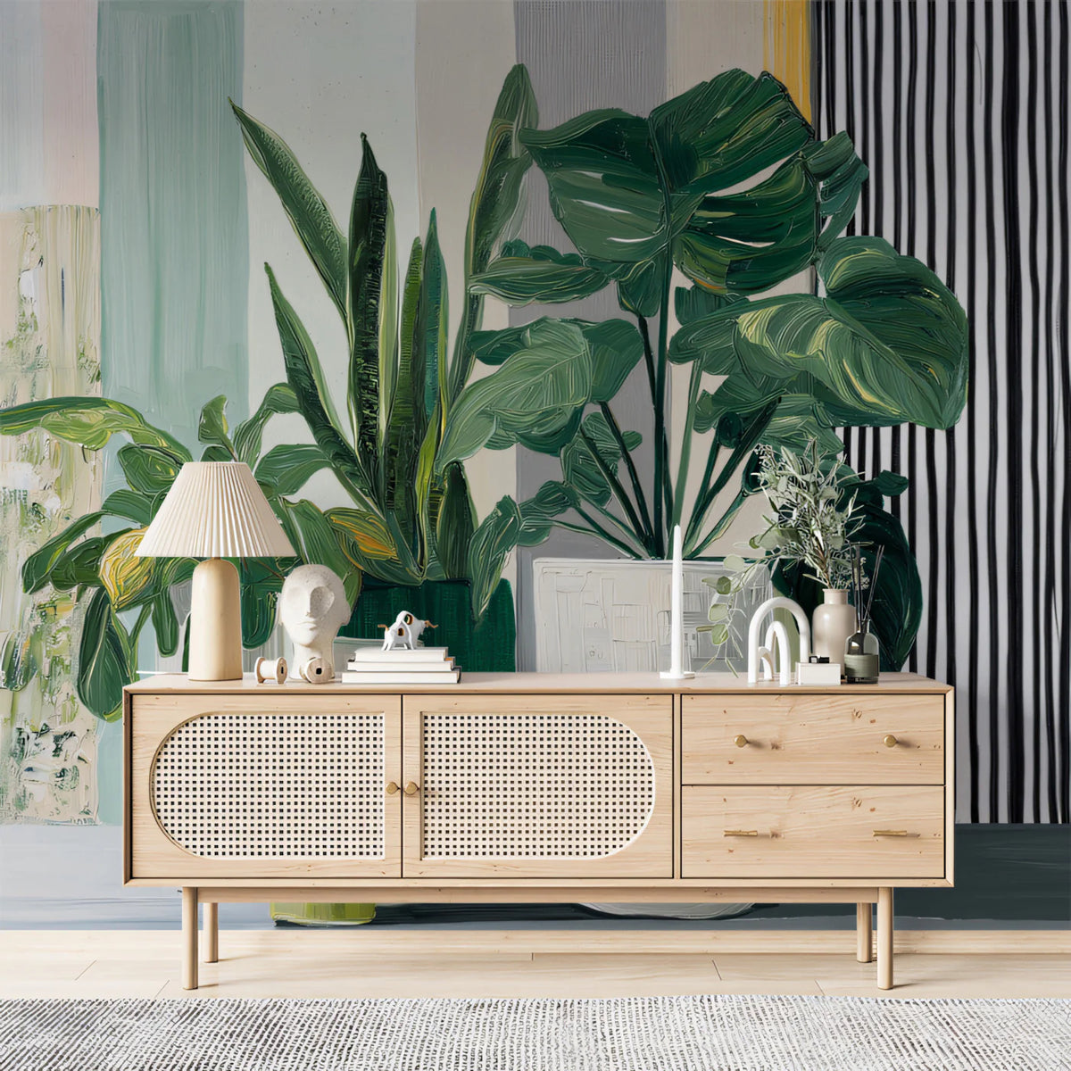 Modern Botanical Potted Plant Mural Wallpaper — Artistic Striped Mural Wallpaper - pure wallpaper artwork