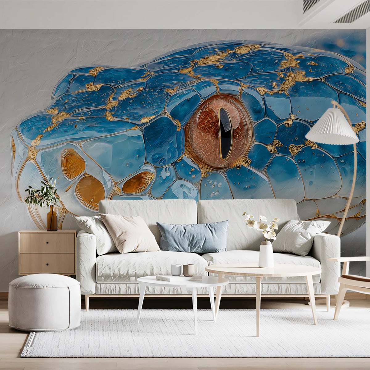 Cobalt Serpent Macro Mural Wallpaper — Gilded Reptilian Texture Mural Wallpaper - pure wallpaper artwork